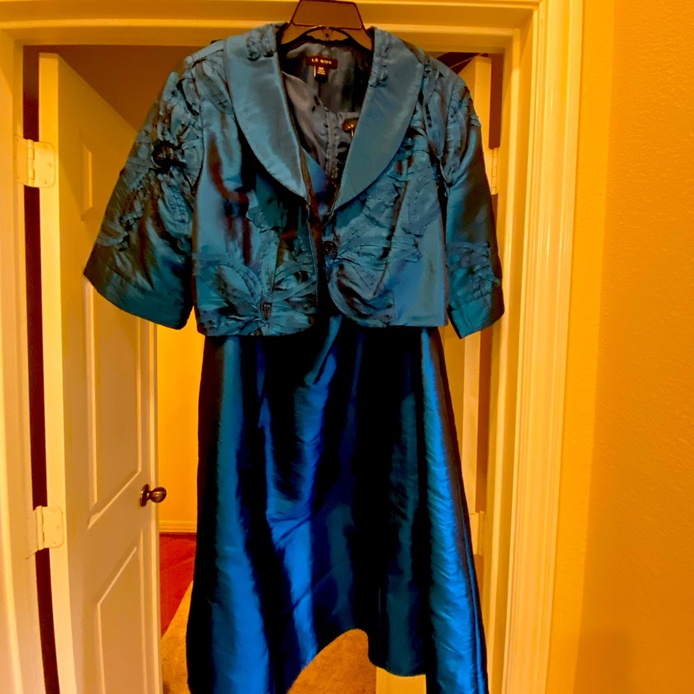 Teal Blue/Peacock color taffeta dress with jacket with soutache trim